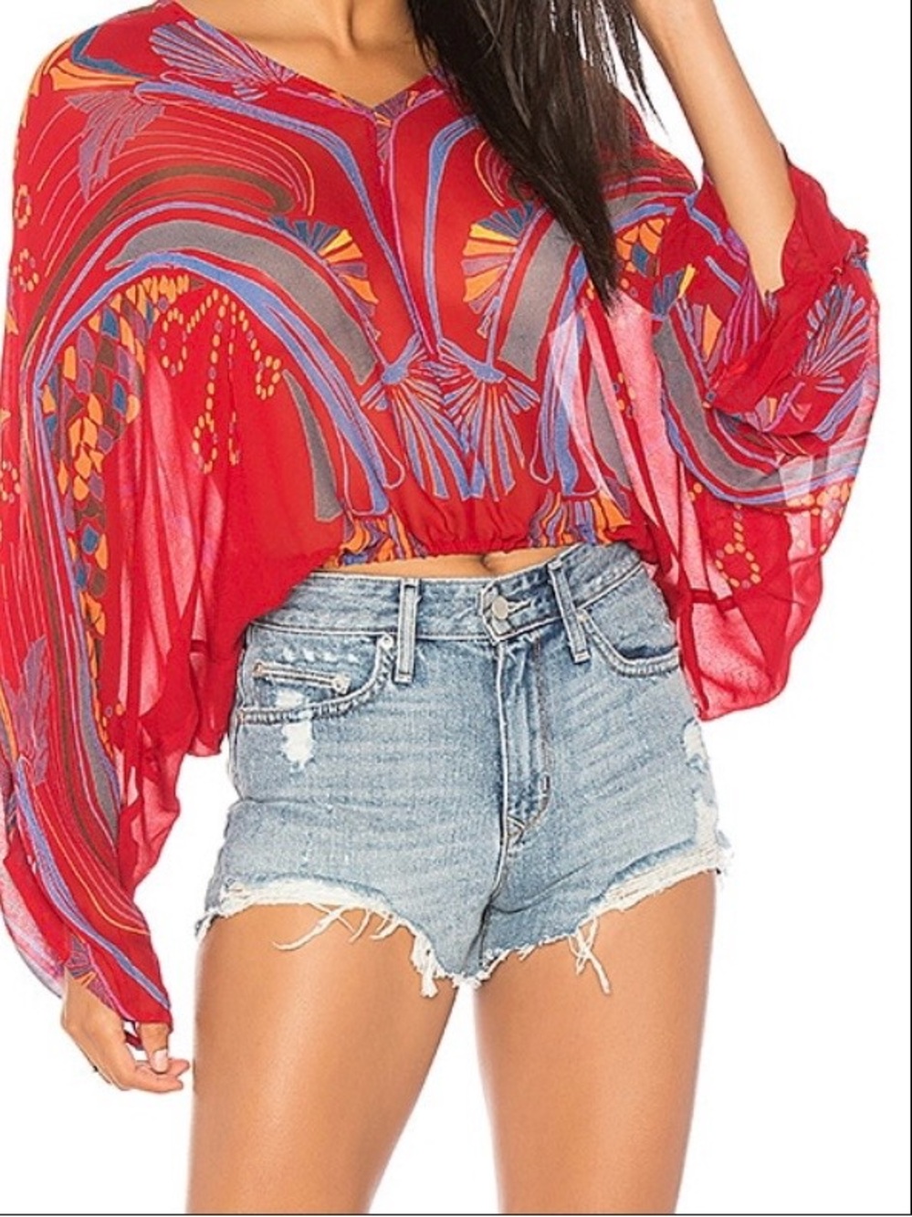 Free People Red Printed V-Neck Cropped Top